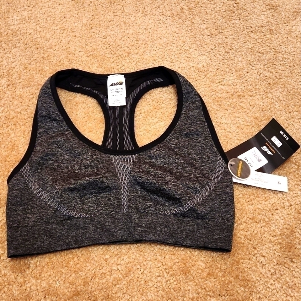 𝅺nwt AVIA Girl's Low Support Reversible Black and Gray Sports Bra, Large 12-14